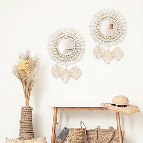 Dremisland Hanging Wall Mirror-Boho Macrame Fringe Round Decorative Mirror with Wood Beads Feather Pendant，Art Ornament for Apartment Home Bedroom Living Room
