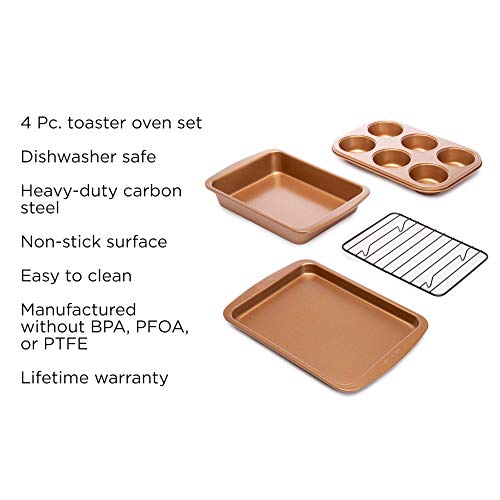 Ecolution Non-Stick Toaster Oven Bakeware Set 4-Piece, Carbon Steel, Easy to Clean and Perfect for Single Servings, Copper