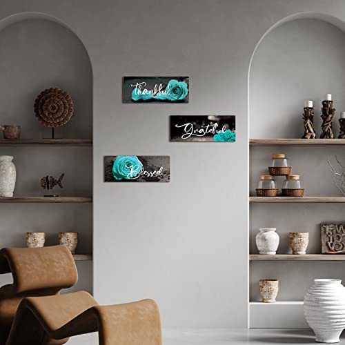 Hillban 3 Pieces Rose Wooden Wall Decor Thankful Grateful Blessed Wooden Signs Inspirational Wall Art Signs Wedding Wall Decor for Room Kitchen Bathroom (Teal,16 x 6 Inch)