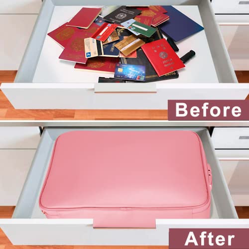 File Organizer Bag with Lock,DocSafe Fireproof Document Bag with Water-Resistant Zipper,3-Layer Portable Travel Home Office Filing Storage Safe Bag for Files,Cash,Laptop,Passport,Certificates,Pink