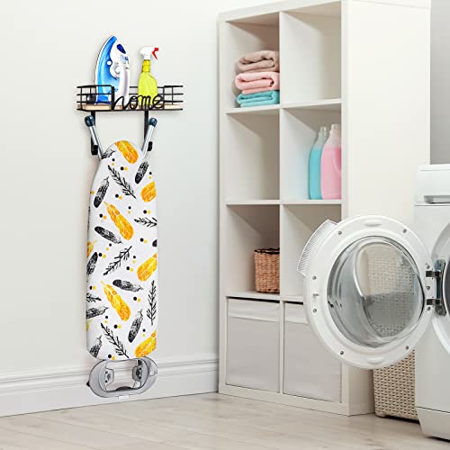 TJ.MOREE Ironing Board Hanger Wall Mount with Large Storage Wooden Base Basket and Removable Hooks (Black) For Laundry Room