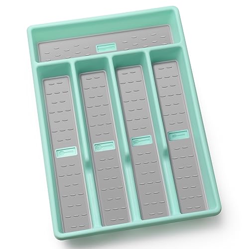 Joequality Silverware Organizer with Icons，Plastic Cutlery silverware Tray for Drawer，Utensil Flatware Tableware Organizer for Kitchen with Non-slip TPR,Fits Standard Drawer,5-Compartment,Light Blue