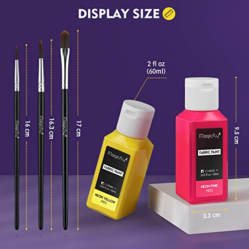 Magicfly Permanent Soft Fabric Paint Set for Clothes 14 Colors 60ML Textile T-shirt Paints, No Heating Needed & Washable Fabric Paints for Crafts, Canvas, T-Shirts, Jeans, Bags, with 3 Brushes