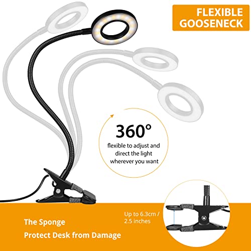iVict Desk Lamp Clip on Light, 48 LEDs USB Clip Ring Light with 3 Color Modes 10 Dimmable Brightness, Eye Protection Desk Light, 360° Flexible Gooseneck for Desk Headboard Reading