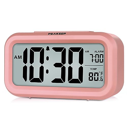 Peakeep Night Light Digital Alarm Clock with Indoor Temperature, Battery Operated Desk Small Clock (Light Salmon Pink)