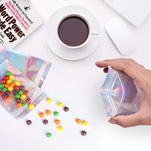 Malastar 3x4 inch 100PCS Resealable Smell Proof Bags,Holographic Packaging Bags, Foil Pouch baggies, Clear Small Mylar Ziplock Bag for Jewelry,Candy,Food Storage and Party Favor