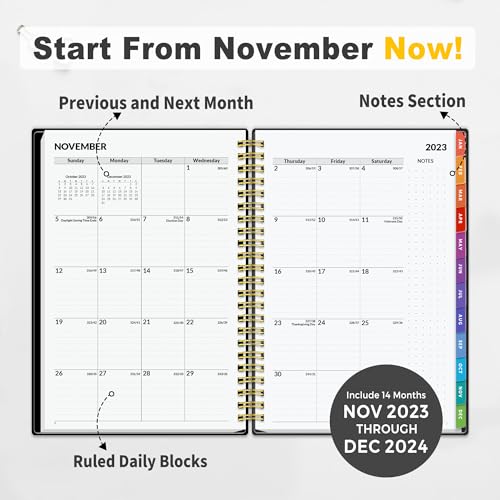 SUNEE 2024 Weekly and Monthly Planner - from January 2024 - December 2024, 6.4" x 8.3" Daily Agenda Planner with Monthly Tab, Flexible Cover, Note Pages, Pockets, Bookmark, Spiral Binding, Black