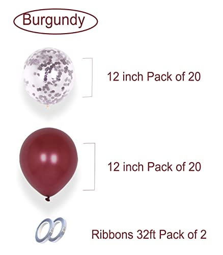 AULE Party Balloons Pack of 42 - Metallic Burgundy Balloons and Confetti Latex Helium Balloons With 64ft Ribbons - 12 Inch Mroon Chrome Balloon Decoration Set