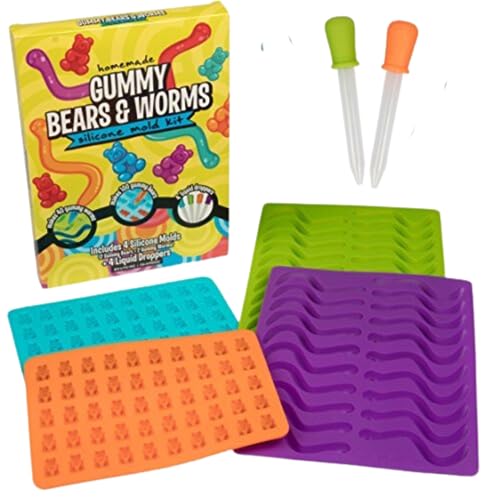 Gummy Bear and Worm Gummy Candy Molds, 4 Pack Set - XL Nonstick Trays with 2 Droppers for Chocolate, Ice Cubes and More - Makes 140 Candies - Non-Stick Trays, Holiday Gift for Kids