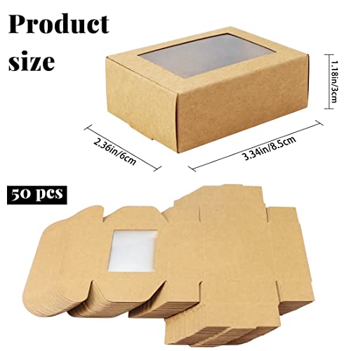 BadenBach 50 Pack Small Rectangle Kraft Paper Boxes with Clear Windows,3.33" x 2.35" x 1.18",Mini Soap Present Treat Gift Box for Bakery Candy,Chocolate Packaging Jewelry Display Wedding Party Favor (Brown)