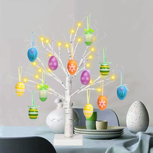 24" Easter Lighted Birch Tree with 12pcs Ornaments,Warm White LED Birch Tree Light Tabletop Artificial Tree 8 Lighting Modes USB or Batteries Operated with Timer for Easter Decor