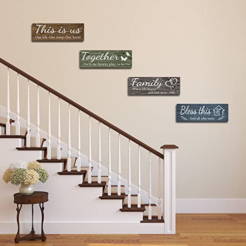 4 Pieces Home Wall Decor Signs, This is Us/ Together/ Bless this/ Family Rustic Wooden Wall Art with Quotes for Living Room Bedroom Kitchen Farmhouse Decor,Housewarming Gifts (Brown Green Grey Blue,