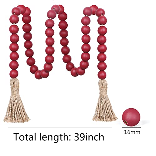 Meplait 39in Wood Bead Garland Farmhouse with Tassels,Versatile Prayer Beads Boho Chic Wall Hanging Home Decor (Burgundy)