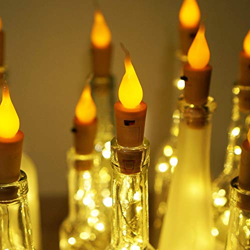 Decorman Wine Bottle Lights with Candle Flame, 10 Pack 20 LED Flameless Cork String Light Battery Operated Copper Wire Mini Fairy Starry Lights for Party Wedding Christmas Halloween