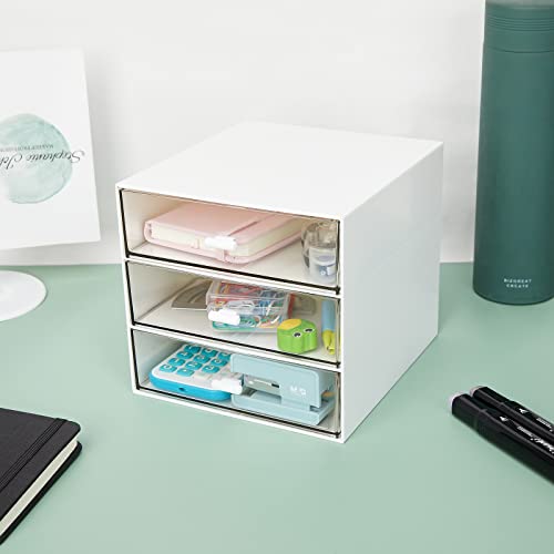 LETURE Desk Organizer with 3 Drawers, Clear Plastic Desk Storage Box, Desktop Organization for Office Supplies, Gel Pens, Pencils, Markers, Tape, Erasers, Paperclips, Chargers (White-3 Draws)