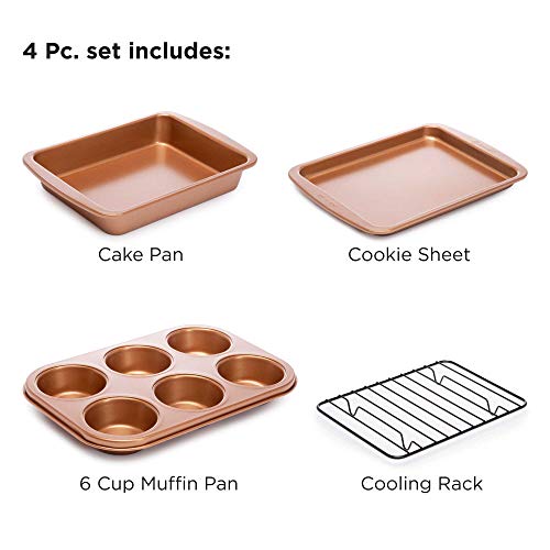 Ecolution Non-Stick Toaster Oven Bakeware Set 4-Piece, Carbon Steel, Easy to Clean and Perfect for Single Servings, Copper