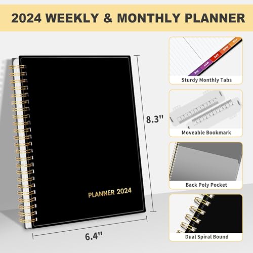 SUNEE 2024 Weekly and Monthly Planner - from January 2024 - December 2024, 6.4" x 8.3" Daily Agenda Planner with Monthly Tab, Flexible Cover, Note Pages, Pockets, Bookmark, Spiral Binding, Black