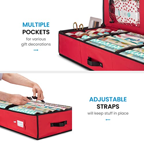 ZOBER Premium Wrap Organizer, Interior Pockets, fits 18-24 Standers Rolls, Underbed Storage, Wrapping Paper Storage Box and Holiday Accessories, 40” Long - Tear-Proof Fabric