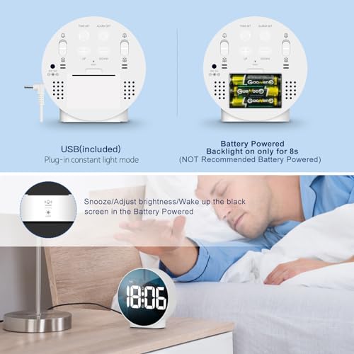 Deeyaple Small Digital Alarm Clock LED Desk Travel Electronic Clock Dual Alarm Snooze Dimmable Day Set 12/24H Week Display 4inch White (No Battery＆Adapter) Stay on for 8 s When Powered by Battery