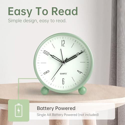 Analog Alarm Clock, 4 inch Super Silent Non Ticking Small Clock with Night Light, Battery Operated, Simple Design, Old Fashioned Style Sage Decor, for Bedroom, Bedside, Desk, Adult, Kid, Gift, Green