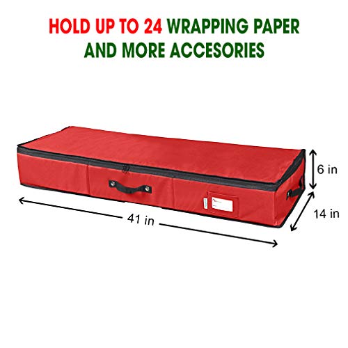 Primode Wrapping Paper Storage Container | Gift Wrap Organizer Under Bed | 41”x14”x6” | Fits 18-24 Rolls Up to 40” | Durable 600D Oxford Material | Box Holder with Pockets for Ribbon, Bows and Accessories (Red)