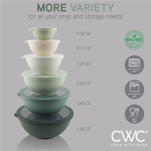 COOK WITH COLOR Mixing Bowls with TPR Lids - 12 Piece Plastic Nesting Bowls Set includes 6 Prep Bowls and 6 Lids - Microwave Safe (Sage)
