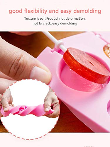 AKINGSHOP 12 Capacity Silicone Lollipop Molds,Chocolate Hard Candy Mold with 50pcs 4 inch Lollypop sucker sticks,Candy Treat Bags,gold ties. (Round pink)