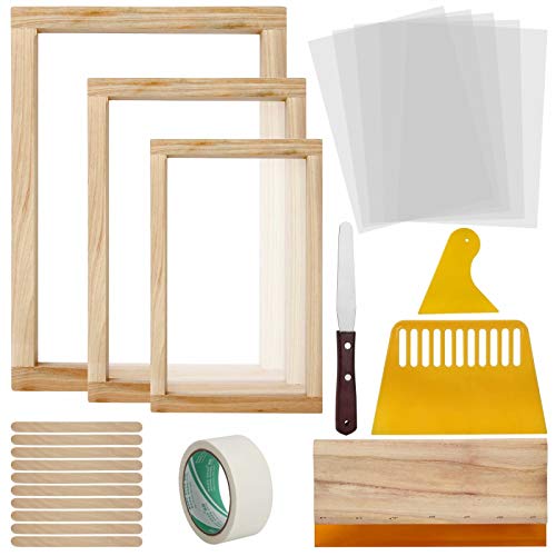 Colovis 23 Pcs Screen Printing Starter Kit, Include 3 Sizes Wood Silk Screen Printing Frame, Squeegees, Transparency Inkjet Film, Masking Tape and Ink Spatula