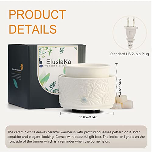 ElusiaKa Wax Melt Burner Ceramic 3-in-1 Oil Burner Electric Wax Melter Fragrance Warmer for Home Office Bedroom Aromatherapy Gift& Décor (White Leaves)