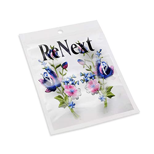 ReNext Pink blue roses pair flowers floral bouquet boho embroidered appliques iron-ons patches new