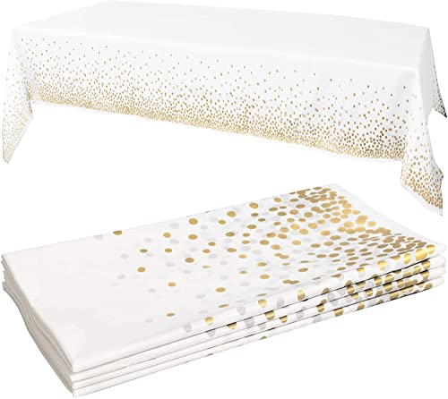 Prestee White/Gold Tablecloths, 4pk, 54"x108" - Gold Dot Disposable Tablecloths - Plastic Table Cloth Disposable - White Tablecloths - BBQ, Party, Fine Dining, Wedding, Communion, Baptism Decorations