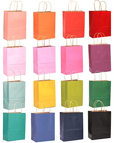 qiqee 32-Packs Paper Bags with Handles Bulk 8.26"×6"×3.15" Small Gift Bags 16 Different Senior Color Bags Multiple Uses（Small Size）