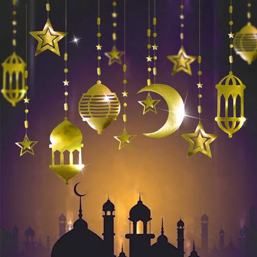 Cheerland 16pcs Islamic Gold Star Crescent Moon Lantern Ramadan Garland EID Decoration Home Happy Ramadan Mubarak Party Decor Hanging Streamer Wedding Backdrop Banner Aladdin Birthday Party Supplies
