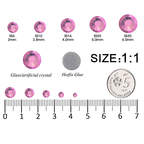 Meibite 6616PCS Hot Pink Hotfix Rhinestones Crystal Gems Glass for Tumblers Clothes Shirts Glitter Flat Back Round with Tweezers and Picking Pen (SS6~SS30)