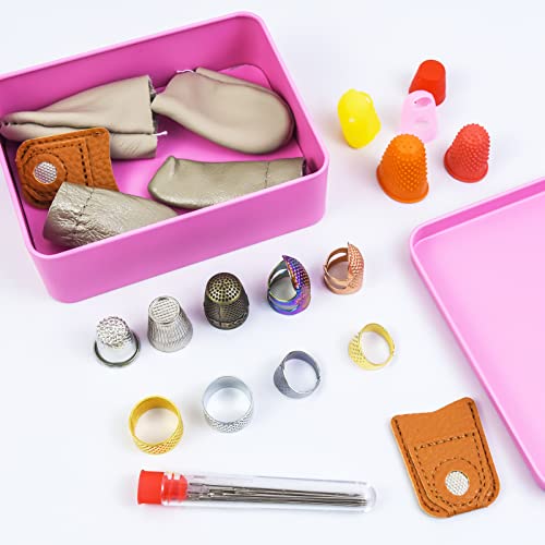 23Pcs Sewing Thimble Finger Protectors, Adjustable Metal Copper Finger Thimble Silicone Leather Thimble Finger Tips Finger Shield Ring Fingertip Quilting Sewing Supplies for Embroidery Needlework(P)