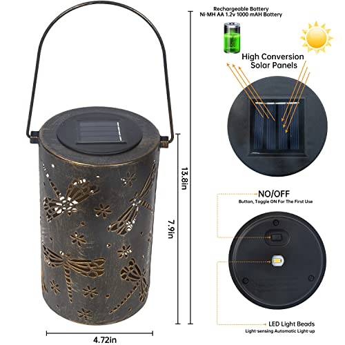 BVGY Solar Lantern Outdoor Garden Decor Hanging Solar Lantern Lights,Metal Dragonfly Decor Outdoor Lantern,Waterproof Led Garden Lantern for Patio, Yard, Table, Pathway(Dragonfly)