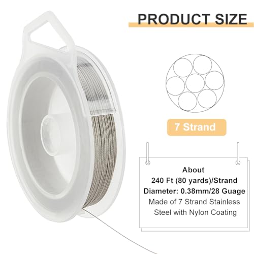 BENECREAT 240-Feet 0.015inch (0.38mm) 7-Strand Bead String Wire Nylon Coated Stainless Steel Wire for Necklace Bracelet Beading Craft Work