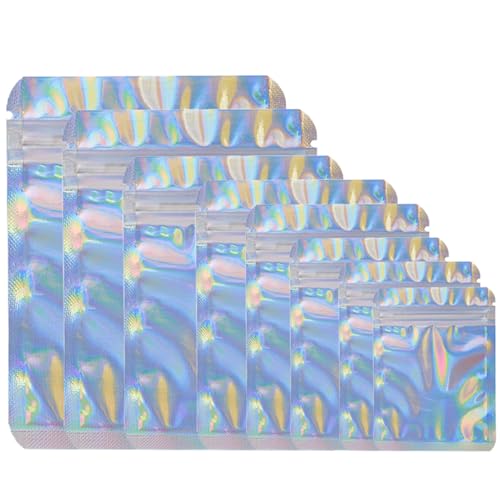 YHJZ 100 Pcs Holographic Bags, 6 x 8" Resealable Smell Proof Bags Resealable Bags for Packaging Ziplock Pouches Bags for Lip Gloss Packaging Mylar Bags for Party Favor Food Storage (6x8 Inch)