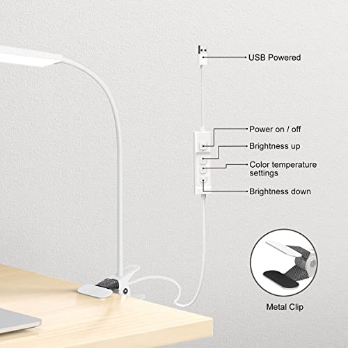 Vansuny Clip on Light LED Desk Lamp with Eye-Caring LED Light and Metal Clip, 11 Level Brightness 3 Color Modes, Power by USB Port 5W Flexible Gooseneck Reading Light for Home and Office (5W, White)