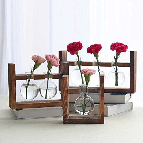 Kingbuy Plant Propagation Station Glass Terrarium Planter Flower Vase with Retro Solid Wooden Stand for Home Kitchen Indoor Garden Wedding Desktop Decor, 3 Bulb Vase