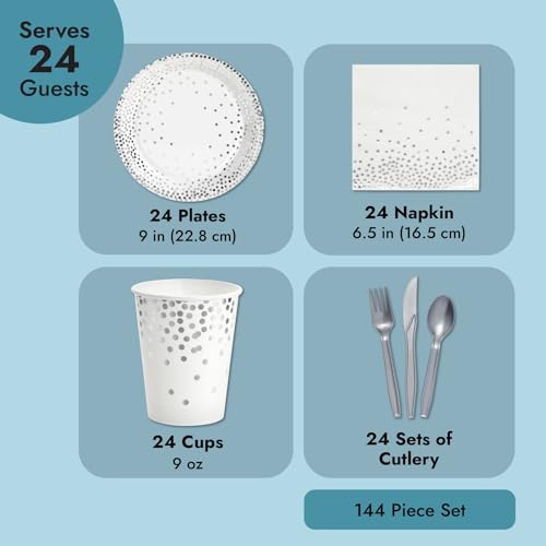 144 Piece Silver Party Supplies for Wedding, Birthday - Silver Table Decorations with Plates, Napkins, Cups, and Cutlery (Serves 24)