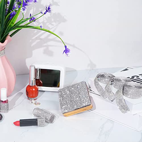 EANLOLY 4 Rolls Self-Adhesive Crystal Rhinestone Ribbon, Diamond Bling Ribbons with 2 mm Rhinestones Sticker for Arts Crafts Wedding Birthday Party DIY Event Car Phone Decoration(Silver)