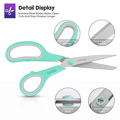 Scissors, iBayam 8" Multipurpose Scissors Bulk 3-Pack, Ultra Sharp Blade Shears, Comfort-Grip Handles, Sturdy Sharp Scissors for Office Home School Sewing Fabric Craft Supplies, Right / Left Handed