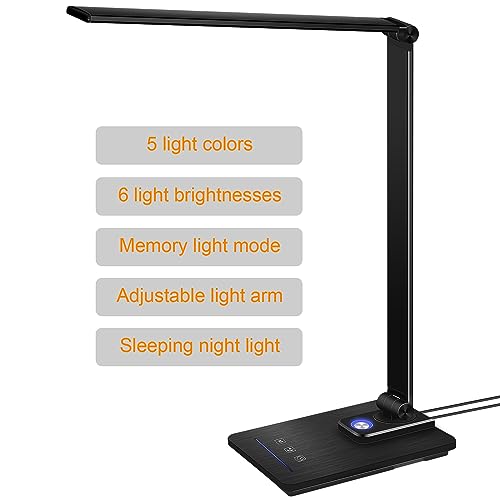 GLITI LED Desk Lamp, Eye-Friendly Dimmable Desk Light, 5 Light Colors, 6 Brightness Levels, Touch Control Table Lamp with USB Charging Port, Night Light, Auto Timer, for Dorm, Home, Office(Black)