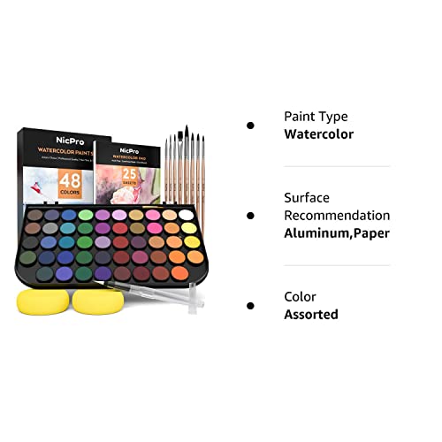 Nicpro Watercolor Paint Set, 48 Water Colors Kit with 8 Squirrel Brushes, Palette, Watercolor Pen, 25 Art Pad Paper, 2 Art Sponges, Non-toxic Painting Supplies for Kids, Adults, Beginners, Artists