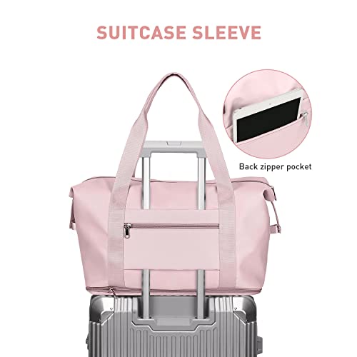 Large Travel Tote Bag, Waterproof Expandable Duffel Gym Tote Bag,Weekender Carry On Overnight Bags for Women with Trolley Sleeve Wet Pocket,travel duffel bags,Pink