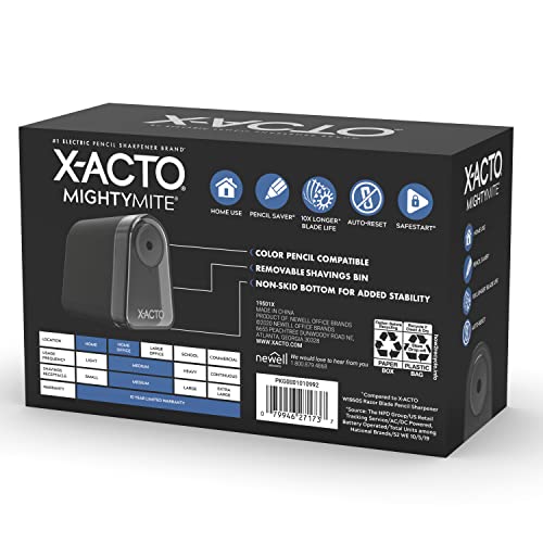 X-ACTO Pencil Sharpener, Mighty Mite Electric Pencil Sharpener, With Pencil Saver, SafeStart Motor, Black, 1 Count