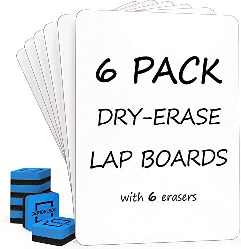Scribbledo 6 Pack Small White Board Dry Erase Boards Classroom Pack Mini White Boards 9"x12” Personal Whiteboards for Students Teachers School Supplies Lapboards l 6 Mini Whiteboard Erasers Included