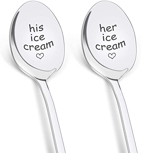 PRSTENLY Anniversary Wedding Gifts for Him Her, His and Hers Gifts Engraved Ice Cream Spoon, 2 Pcs Personalized Spoon Stainless Steel Birthday Engagement Couple Gifts