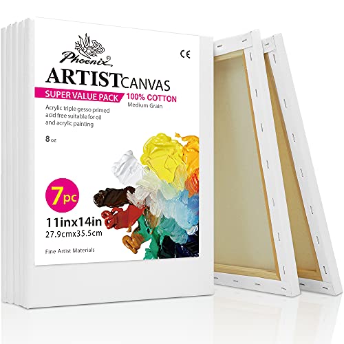 PHOENIX Stretched Canvas for Painting 11x14 Inch/7 Value Pack, 8 Oz Triple Primed 5/8 Inch Profile 100% Cotton White Blank Canvas, Artist Framed Canvas for Oil Acrylic & Pouring Art